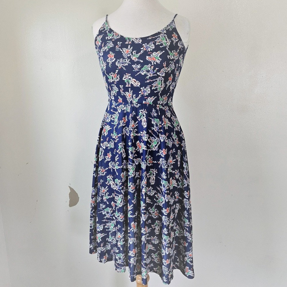 Vintage 70s Nylon Knit Spaghetti Strap Novelty Folk‎ Dancer Print Sun Dress XS